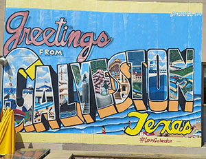  Iconic 'Greetings from Galveston, Texas' Sign Adorning Yaga's Restaurant, a Coastal Landmark with Vibrant Colors and Vintage Charm
